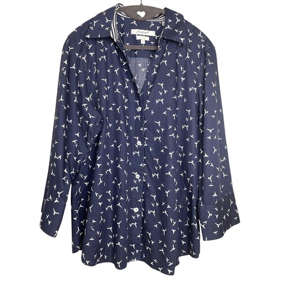 Foxcroft NYC Tops - FOXCROFT NYC Easy Care - Size Large Button-up Top - Navy w/White Bird Pattern